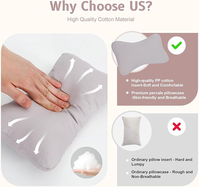 vocheer Small Pillows for Sleeping, 11"x7" Mini Pillow for Travel, Tiny Pillow for Neck, Lumbar, Knee, Wrist, Pets, Cotton Small Back Pillows for Travel, Bed, Office, Machine Washable, Dove-1pc