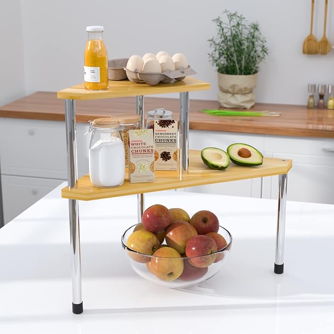 Weenson Bathroom Organizer Countertop Corner Shelf – 2 Tier Bathroom Organization Bamboo Spice Rack Kitchen Countertop Organizer Space Saving Storage Shelves Living Room Office Home Decor