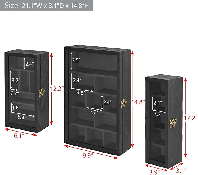 Ikee Design 3 Pcs Set Wall-Mounted Wooden Shadow Cubby Box Display Shelf with 24 Compartments with Door Storage Display Case for Collectibles, Trinkets, Mini Figures, Black Color