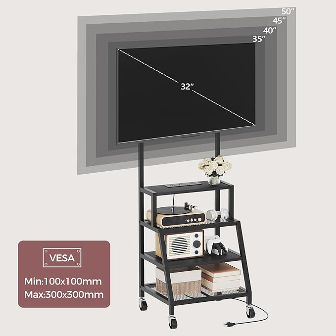 MAHANCRIS Rolling TV Stand with Mount, Corner TV Console with Wheels Up to 50 Inches, Entertainment Center with Storage, Small TV Stand with Power Outlet for Living Room, Rustic Brown TVBK117E01
