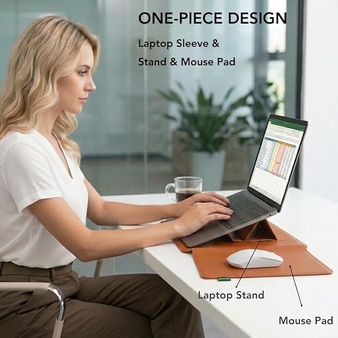 4-in-1 Laptop Sleeve with Stand and Mouse Pad, Faux Leather Protective Case with Accessory Pouch for 13.3-14 Inch Laptops, Brown
