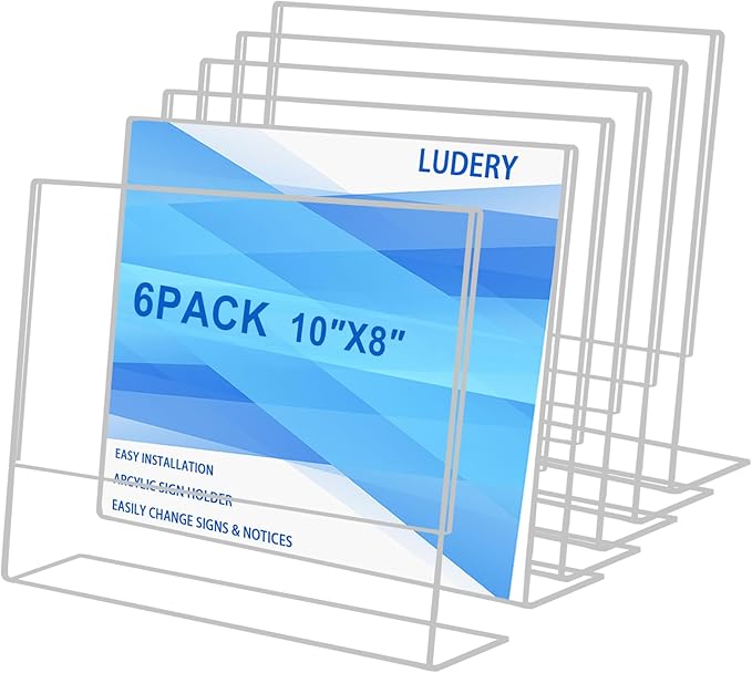 6 Pack Acrylic Sign Holder 8x10 for Picture Frames,Slanted Back Acrylic Sign Holders for Business & Store,Plastic Sign Holder,Menu Holder, Table Sign Holder for Office, Home, Store, Restaurant- Horizontal
