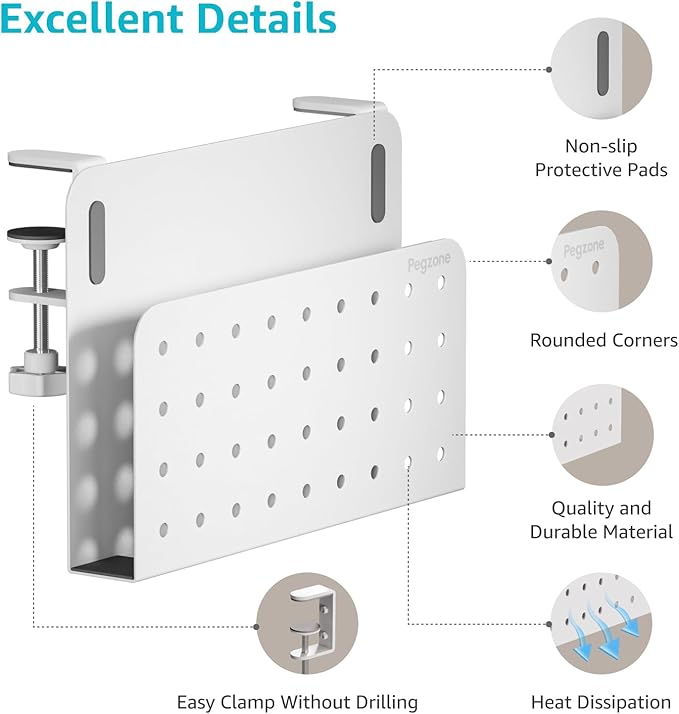 PEGZONE Desk Side Storage Organizer, No Drill Under Desk Laptop Holder, Clamp on Desks Shelf with Pegboard Accessories, Hanging Laptop Mount, Fits Flat Edge 0.4" to 2.2", White