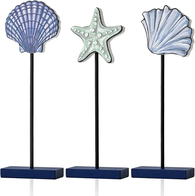Smile 3 Pcs Wooden Decor Summer Indoor Decorations, Starfish Shell Style, Summer Table Centerpieces for Home Kitchen Seasonal Display