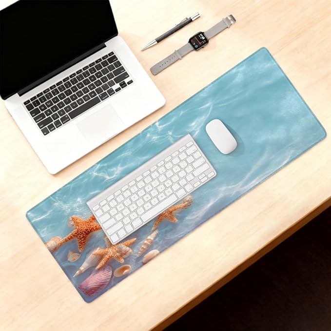 Starfish Beach Ocean Large Mouse Pad Non-Slip Rubber Long Gaming Desk Mat Big Computer Keyboard Mousepad Waterproof Protector Wristing Pad for Gaming Office Home Decorative 31.5 X 11.8 Inch