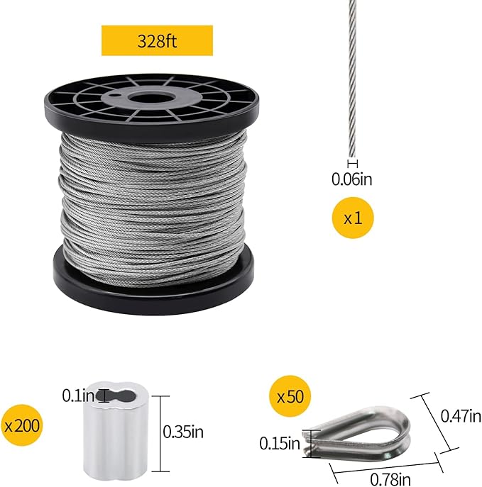 328ft Wire Rope, 1/16" Stainless Steel Wire Rope Cable with Aluminum Crimping Sleeves and Stainless Steel Thimbles for Railing, Decking, Picture Hanging
