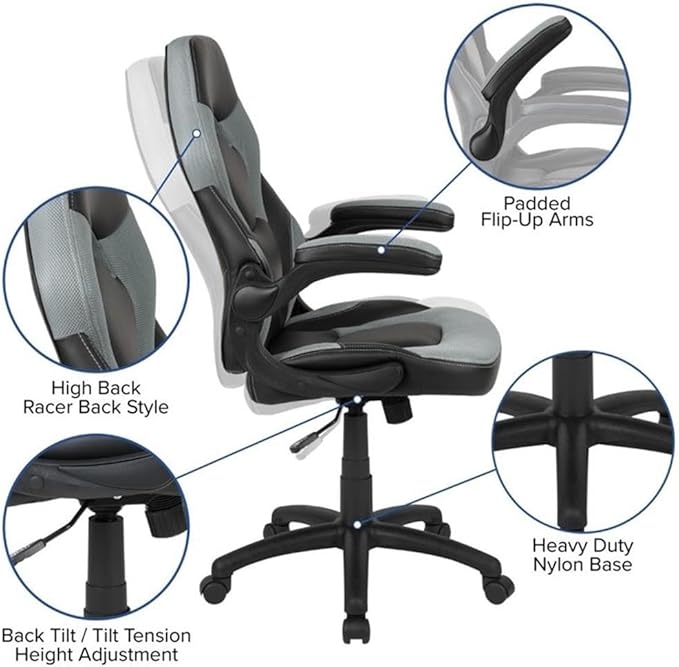 BOWERY HILL 2 Piece Z-Frame Gaming Desk Set, 51.5" W Desk with Black Laminate Top, Red Frame, Cup Holder, Headset Hook, Ergonomic Adjustable Chair, Gray Mesh Inserts, Contemporary Style for Gamers