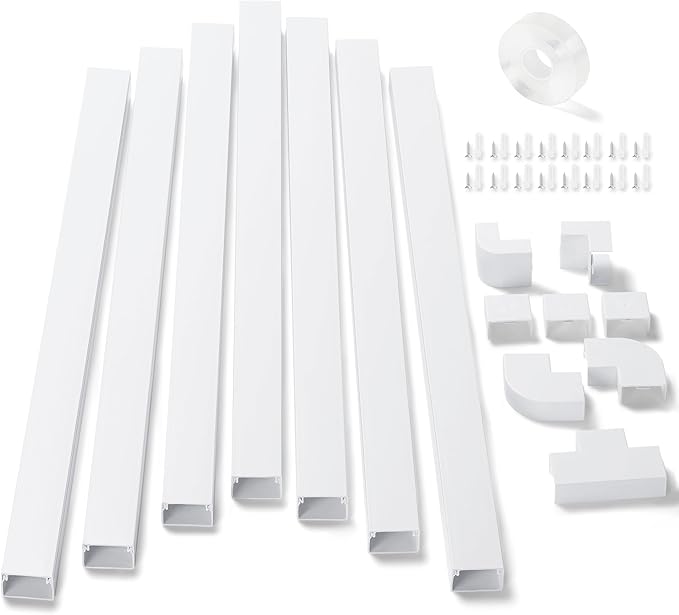 126in Cord Hider Kit, ZhiYo Wire Hiders for TV on Wall, Paintable Cable Management Kit, Wire Cover for Wall Mount TV, White Cable Raceway, Cord Cover Wire Management Kit, 8 x L15.7in W1.18in H0.67in