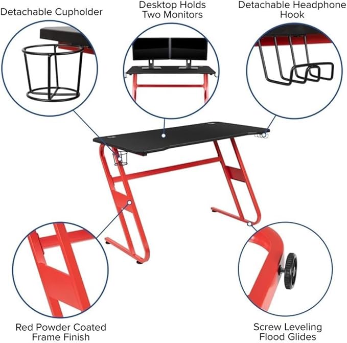 BOWERY HILL 2 Piece Gaming Desk Set, Z-Frame Red and Green Finish, Black Laminate Top, Includes Ergonomic High Back Chair with LeatherSoft Upholstery, Cable Management, Cup Holder, Dual Monitor