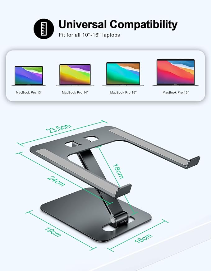 RIWUCT Foldable Aluminum Alloy Laptop Stand for Desk, Height Adjustable Ergonomic Computer Stand, Portable Laptop Riser Holder Notebook Mount Compatible with MacBook Pro Air/HP/Dell 10-16", Gray