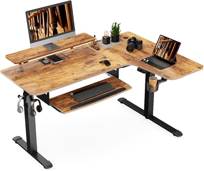 EUREKA ERGONOMIC Standing Desk with Keyboard Tray, Computer Desk, 61" L Shaped Electric Adjustable Height Desk w Monitor Stand LED, Corner Sit Stand Desk Gaming Desk, Dual Motor,Right/Rustic Brown