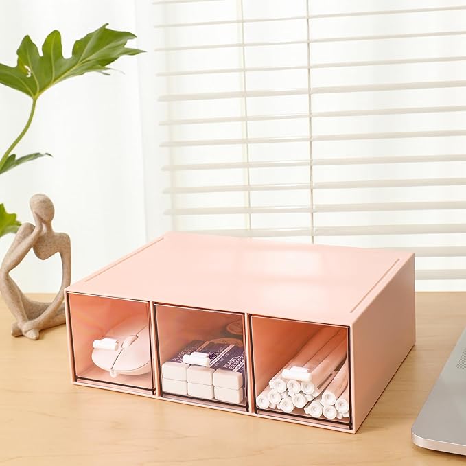 MILULUGO Plastic 3 Drawer Organizer for Cosmetic Storage, Desk Organizer, Makeup Organizer for nail polish, Lipstick, Brushes, Jewelry, Skincare, Bathroom Organization Boxes - Pink