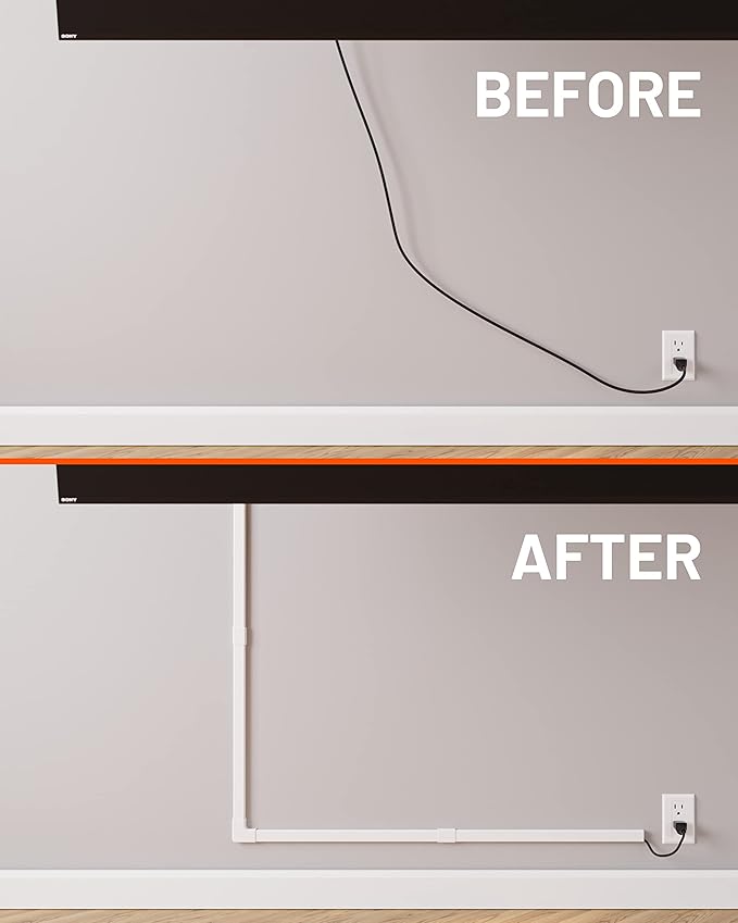 ECHOGEAR Cord Cover for Wires On Wall - Peel & Stick Cable Hider Channel with 10 feet of Plastic Raceway Plus Connector Pack - Ideal for Wall Mounted TVs - White