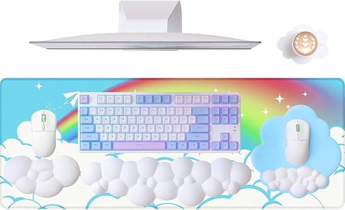 5 in1 Cloud Mouse Pad,Keyboard Wrist Rest,Mouse Wrist Rest Support,Mouse Pad Wirst Rest and Leather Coaster Set with Office Desk Mat,Memory Foam Ergonomic Easy Typing Pain Relief for Office and Home