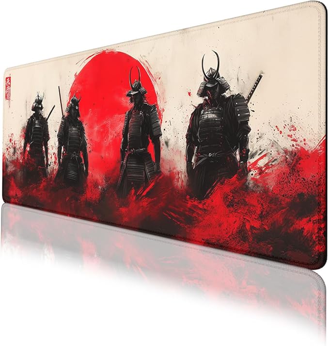 Samurai Gaming Mouse Pad Japanese Warrior Black Graffiti Red Sun Extended Mousepad Waterproof Stitched Edges Rubber Base Non-Slip Deskpad Computer Keyboard Mat 31.5x11.8 in