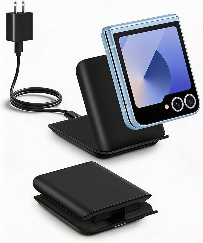 Samsung Galaxy Z Flip 7 Wireless Charger 15W Foldable Stand,Qi Fast Charging Station Travel Dock for z Flip 7 6 5 4 3 & Motorola Razr+,PD 20W Adapter Included,Black