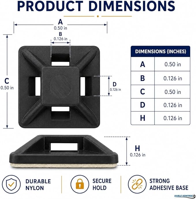 Kable Kontrol Zip Tie Mounts, 1/2” Sq, Black, 100 Pcs, Adhesive Backed Multi-Purpose UV-Resistant Mounting Squares Nylon Cable Tie Wrap Anchor Pads for Cable Management