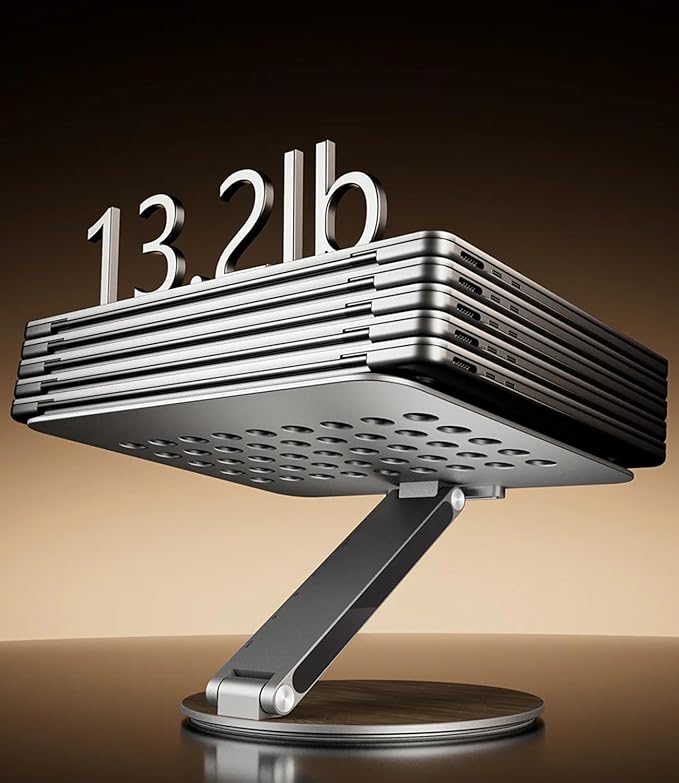 KU XIU Adjustable Laptop Stand with 7-in-1 Hub, Foldable Portable Aluminum Laptop Riser with 360° Swivel Base for Desk, Ergonomic Computer Notebook Stand Holder for All Laptops 10-17"-Gray (Wooden)