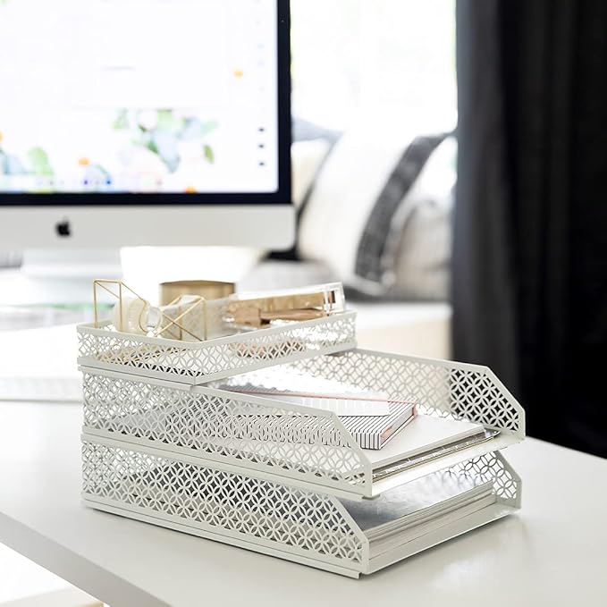 BLU MONACO | White Desk Organizer Set | 6 Piece Metal Desk Organizer with Pen Cup, Accessory Trays, and Letter Trays | Desk Organizers and Accessories for Office