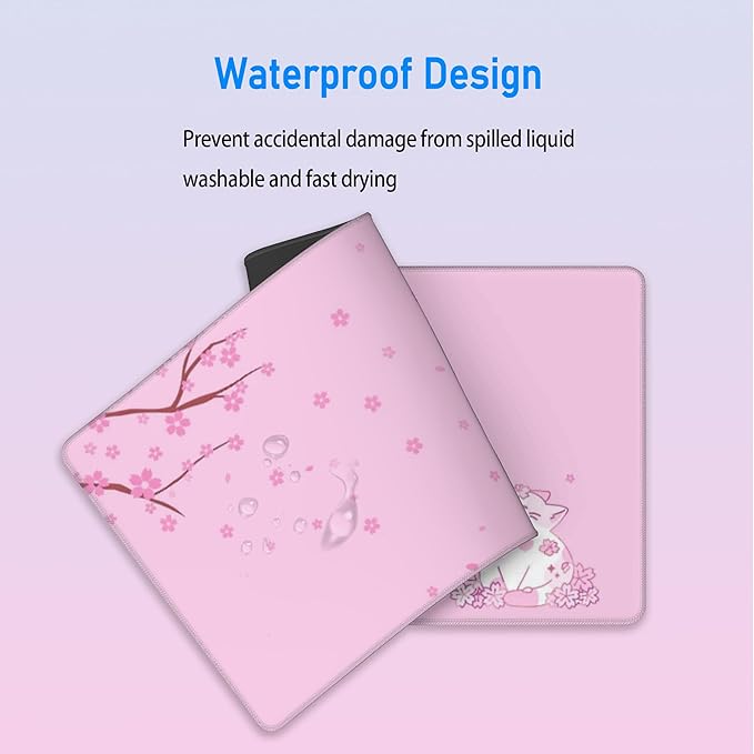 Cherry Blossom Cat Pink Mousepad,Cute Large Anime Gaming Desk Mat,Girly Office Decor Accessories Desktop Keyboard Pad for Women Girls,Aesthetic Japanese Sakura Mouse Mat,31.5x12in