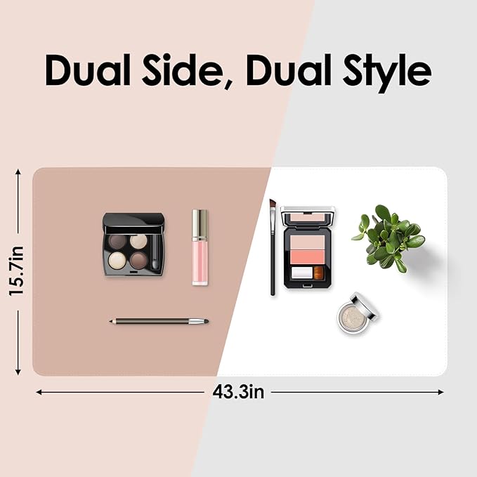 Makeup Mat for Vanity to Protect Desk Top 43.3 x 15.7 in, Dual-Sided Makeup Mat, Easy to Clean Desk Pad - Waterproof and Oilproof Vanity Accessories (White and Khaki)
