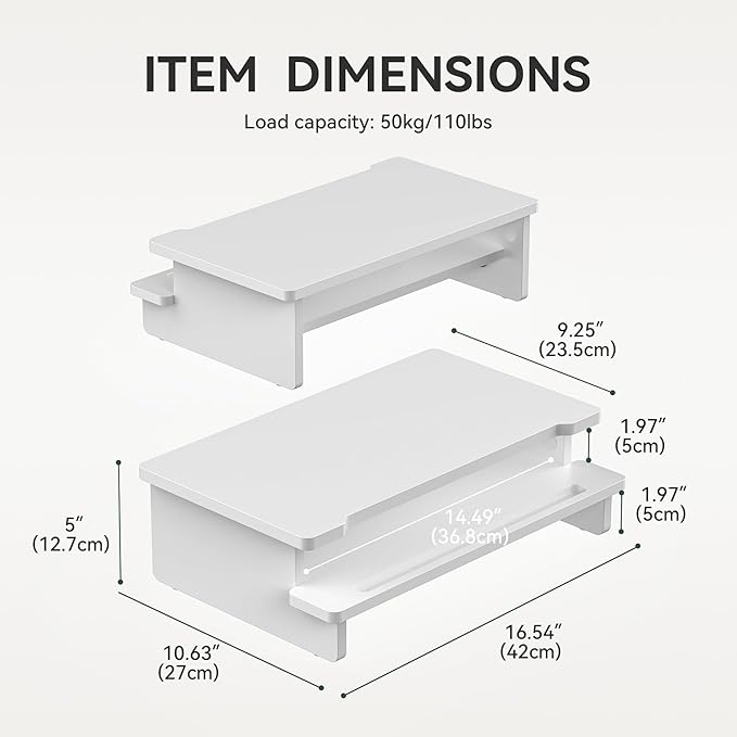 Computer Monitor Stand Riser, 16.5 Inch Wood Desk Shelf Storage Organizer with Phone Tablet Holder, White