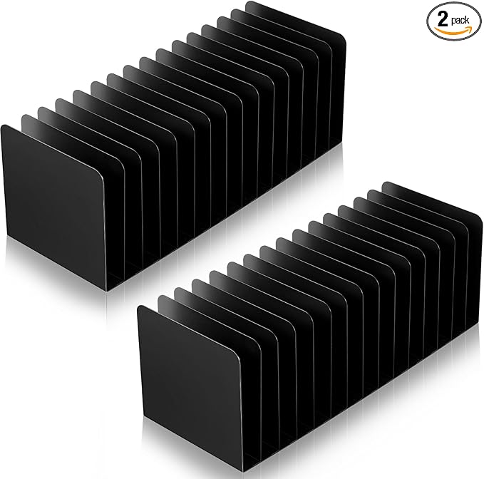 Suzile 2 Pcs Vertical Metal Desk File Organizer, 15 Compartments Desktop Document Sorter & Mail Holder for Office Home Classroom, 15.75 l x 5.79 W x 5.41 H, Black