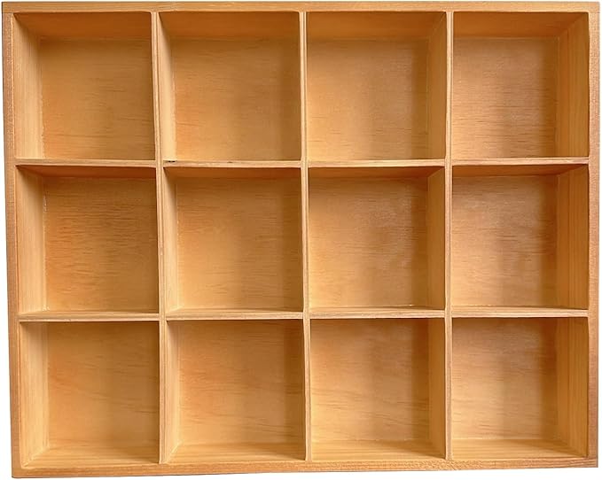 Vintage 12 Compartments Wooden Organizer Box 13.4x10.6x2 Inch Solid Wood Storage Tray Desktop Display for Jewelry Makeup Office Supplies Antique Home Decor Craft Organization (Vintage Color)
