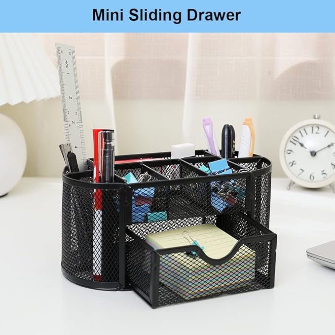 Desk Organizer Stationery Storage, Pencil Holder for Desk, Wire Mesh Office Supplies Desk Accessories Workspace Organizers with 9 Compartments and Mini Drawer (Black)