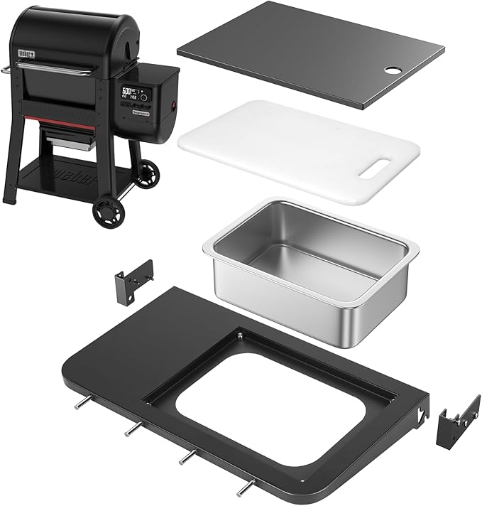 Utheer Front Folding Grill Table for Weber Searwood 600 – 23" x 12.5" Large Front Shelf with Stainless Steel Basin, Works Cutting Board, Lid & 5 Hooks, Heavy-Duty Weber Searwood 600 Accessories