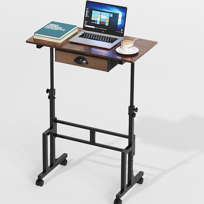 Adjustable Height Standing Desk With Drawer, Rolling Sit Stand Up Desk With Wheels, Small Sit To Stand Computer Desk, Adjustable Desktop Height, On Wheels, Brown, For Walking Pad Laptop Treadmill