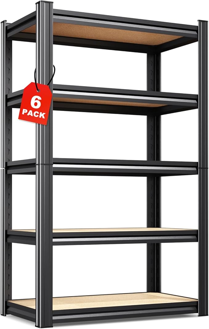 6-Pack 5-Tier Heavy Duty Metal Shelving Units, 71" H x 28" W x 12" D, Adjustable Steel Storage Racks for Garage, Warehouse, Industrial, and Home Organization, 1900 lbs Capacity