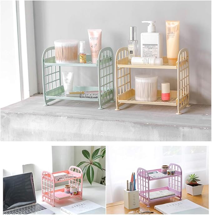 UnnFiko 2-Layers Table Shelf Organizer, Adjustable Plastic Storage Rack Shelf Square Basket Desk Stand Table Storage Organizer Shelves (Purple)