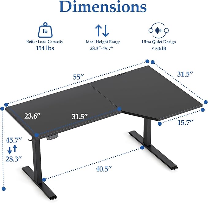 Klicelor L Shaped Standing Desk 55 x 31.5 Inch, Electric Height Adjustable Corner Desk for Home Office Workstation, Ergonomic Sit Stand Computer Table with Memory Controller, Black