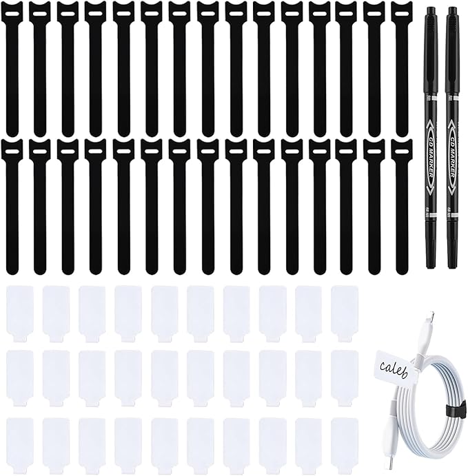 Cable Labels for Cords, 60 PCS Reusable Cord Organizer Kit with 30 Write On Tags, 30 Hook and Loop Cable Ties and 2 Markers for Home Office Electronics