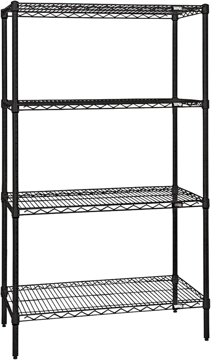 Quantum Storage Systems WR86-1424BK Wire Shelving Starter Kit, 24" W x 14" D x 86" H, 600 lbs Capacity, Carbon Steel, Epoxy Coated, Black, NSF