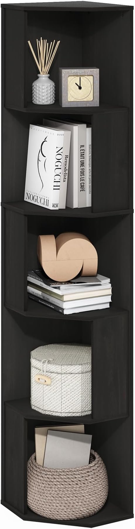 Furinno ECON Corner Shelf, 5-Tier Corner Book Shelf, Standing Storage Shelves, Cube Display Rack, Bookshelf, for Organization and Storage, Living Room, Home Office, Espresso