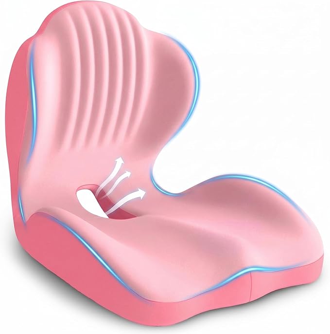 Ergonomic Office Chair Seat Cushion, L-Shaped Memory Foam Coccyx Cushion for Tailbone Pain Relief, Orthopedic Car Seat Cushion with Lumbar Support & Cutout Hollow for Sciatica & Back Pain (Pink)