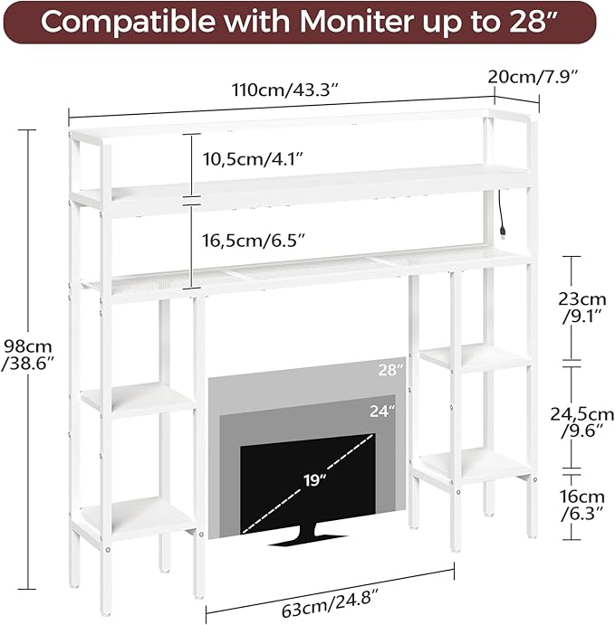 MAHANCRIS Desk Shelf, 43.3" Desk Hutch with Light Strip, Office Desktop Organizer, 5 Tier Desktop Bookshelf for Computer Monitor, Storage Rack for Study, Home Office, White DSWT9801