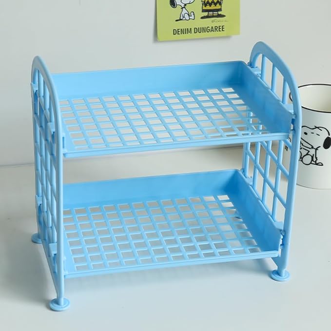 UnnFiko 2-Layers Table Shelf Organizer, Adjustable Plastic Storage Rack Shelf Square Basket Desk Stand Table Storage Organizer Shelves (Blue)