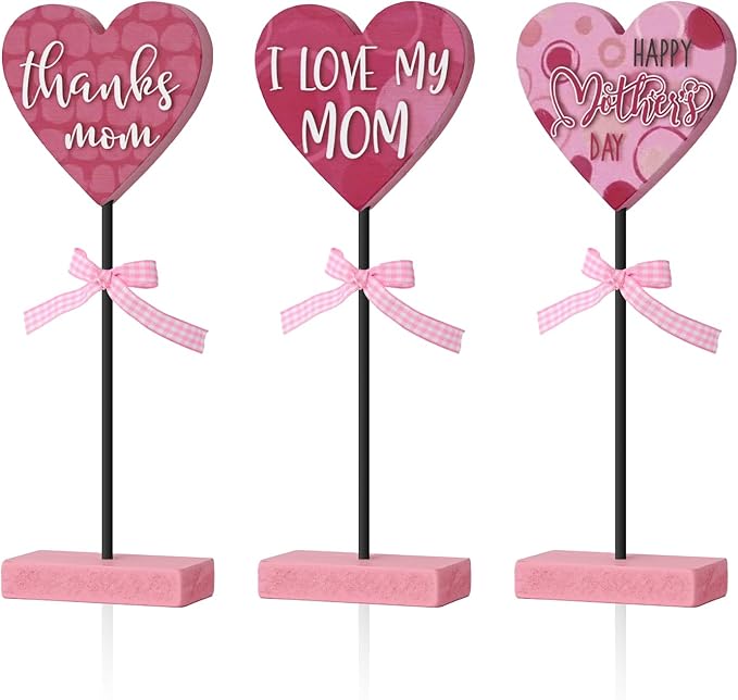 Smile Mother's day Heart - Shaped Mom Wooden Table Decor Set with Pink Bases & Ribbon Accents, Mother's day Indoor Decoration