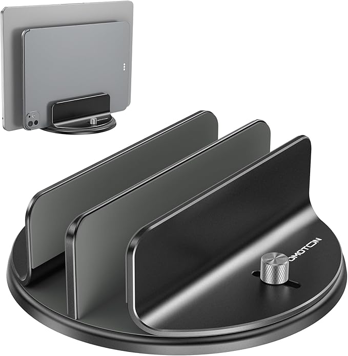 OMOTON VL04 360° Rotating Vertical Laptop Stand Holder, Aluminum Dual-Slot Desk Organizer for MacBook & iPad, Sides Knob Adjustment (No Lost Screws), Holds Laptop, Tablet & Keyboard, Fits up to 17.3"
