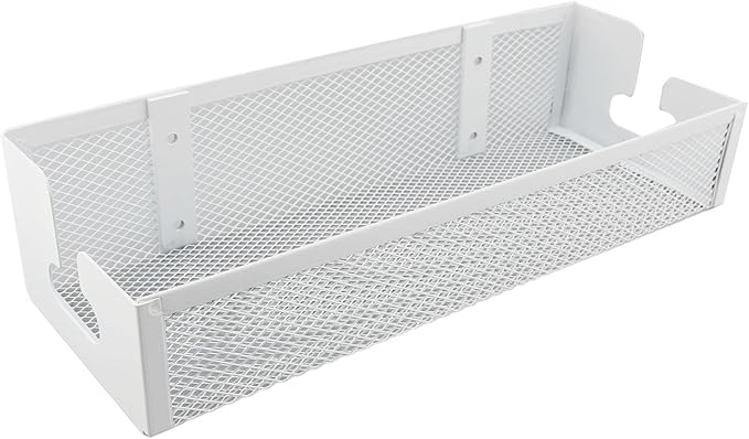 Under Desk Cable Management Tray, Mesh Cable Organizer Box with Clamp Mount for Office Home, No Drill Installation, Sturdy Carbon Steel, White