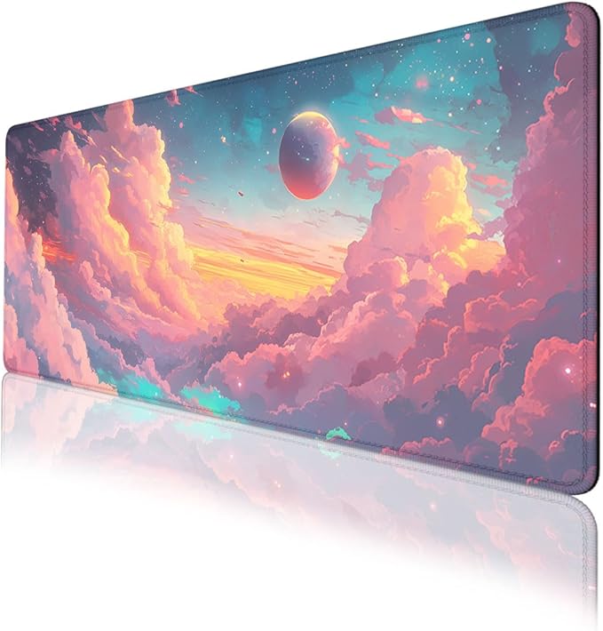 Cartoon Sky Gaming Mouse Pad Retro Comics Colorful Clouds Planets Desk Mat, Non-Slip XL Computer Big Mouse Mat with Keyboard Pad for Work, Gamer, Office, Home 31.5x11.8 in