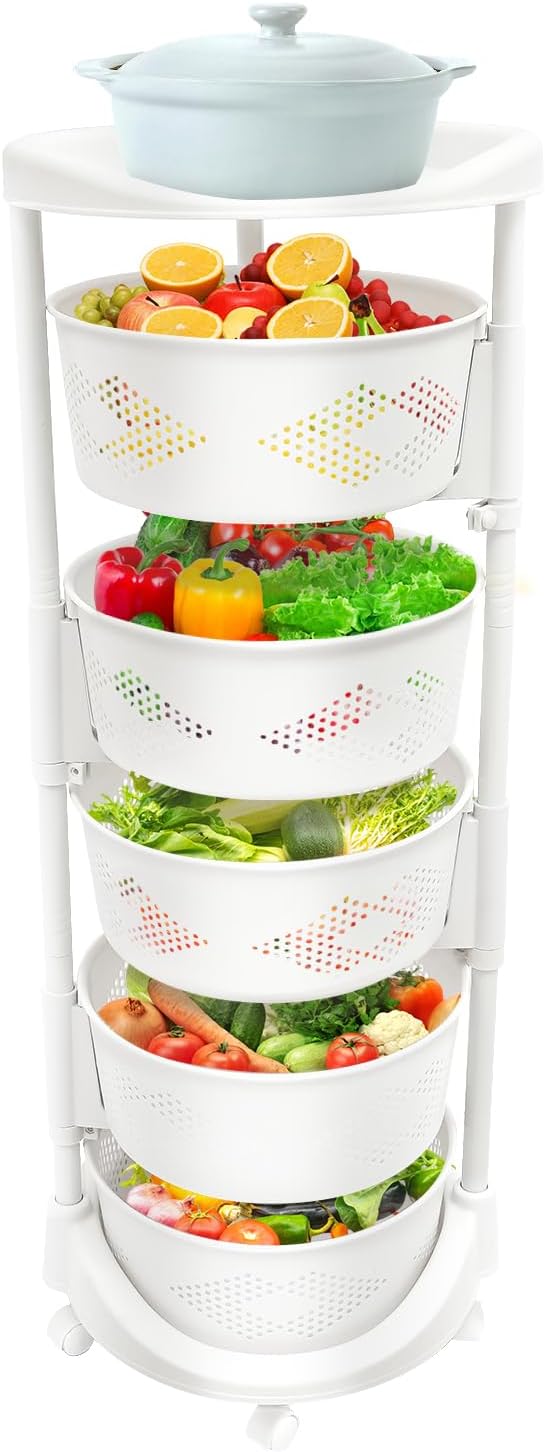 Fruit Basket for Kitchen, 5 Tier Circular Rotating Basket Large Storage Rack with Wheels, Standing Shelf Storage, Multi-Layer Storage Shelves with Top Lid for Living Room, Office, White (5-Tier)
