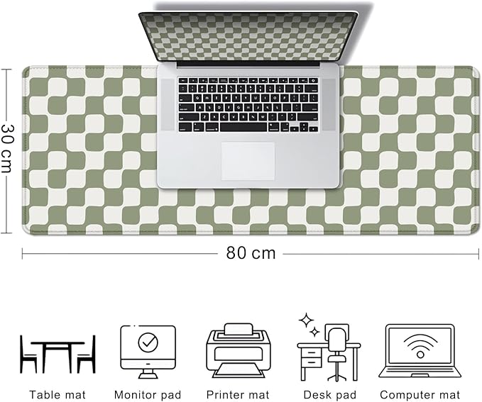 Retro Checkerboard Grid Pattern Extended Mouse Pad, Beige Sage Green Wavy Checkered Desk Mat, Non-Slip Large Gaming Mousepad for Computer Laptop Decor, 31.5x11.8 inch