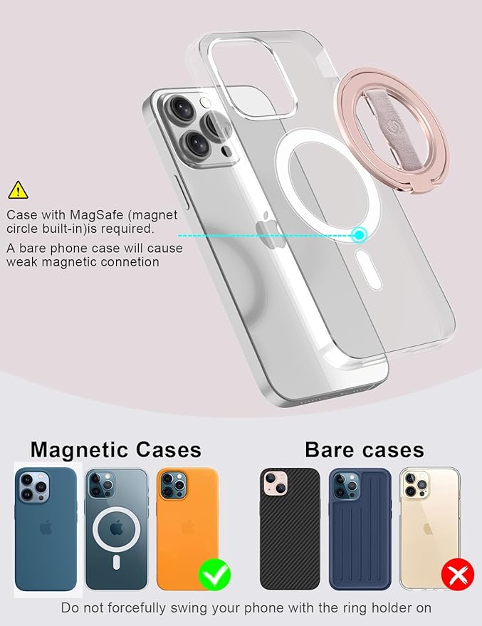 EWA MagOne 3rd Gen [Compatible with MagSafe] Phone Grip Stand with Finger Strap, Removable Magnetic Ring Holder Kickstand Loop for iPhone 17,16,15,14,13,12 Series (Pink)