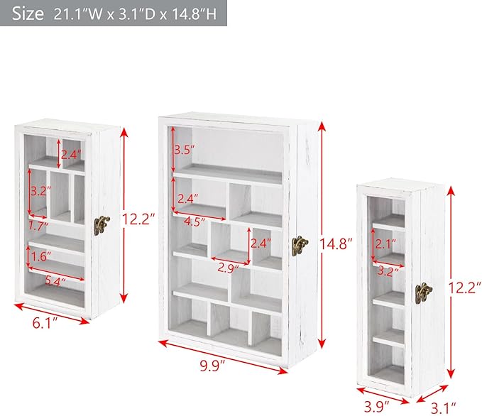 Ikee Design 3 Pcs Set Wall-Mounted Wooden Shadow Cubby Box Display Shelf with 24 Compartments with Door Storage Display Case for Collectibles, Trinkets, Mini Figures, Antique White