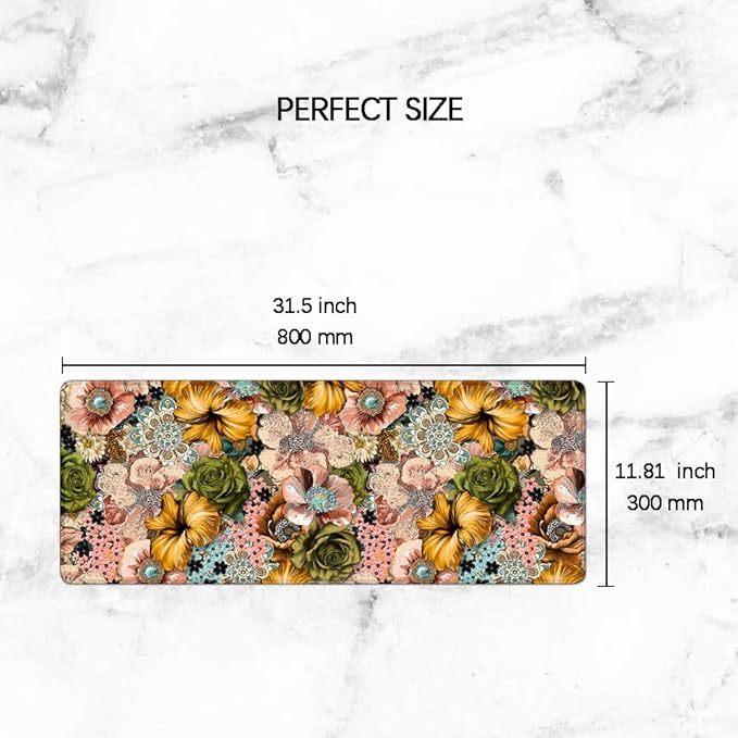 Gaming Mouse Pad Large Desk Mat Extended Keyboard Mouse Pad Mousepad with Non-Slip Base and Stitched Edge Mouse Mat Desk Pad Mouse Pads for Desk Home Office Gaming Retro Floral