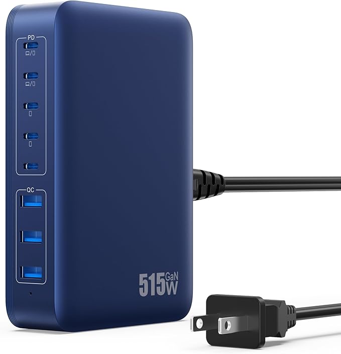 USB C Charger Block 515W[2025 Upgraded] GaN IV 8 Port Fast Charging Station Hub,Dual PD 100W USB C Laptop Charger Compatible with MacBook Pro/Air,iPad,iPhone 16/15,Galaxy S23/S24 Steam Deck Dell XPS